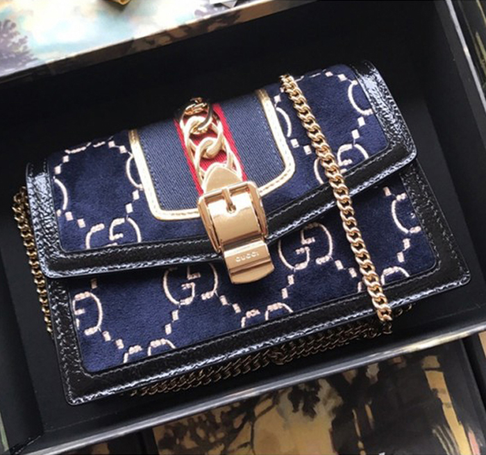 Gucci Sylvie Velvet Chain Bag 494642 Blue 2018