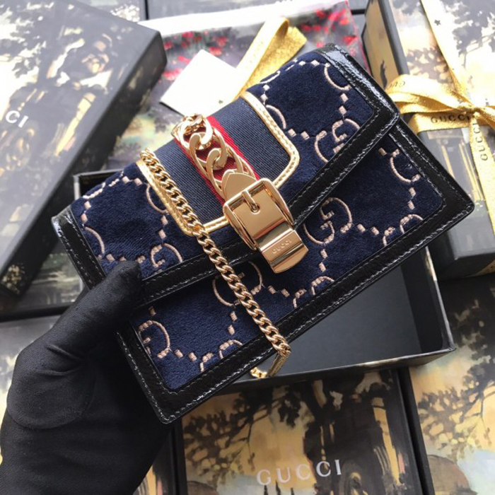 Gucci Sylvie Velvet Chain Bag 494642 Blue 2018