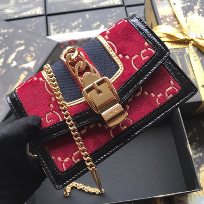 Gucci Sylvie Velvet Mini Chain Bag 494646 Red 2018