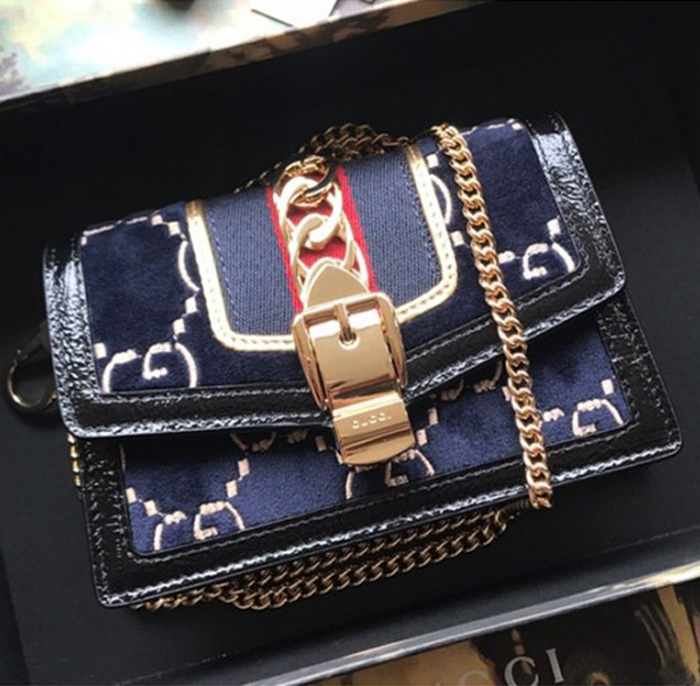 Gucci Sylvie Velvet Mini Chain Bag 494646 Blue 2018