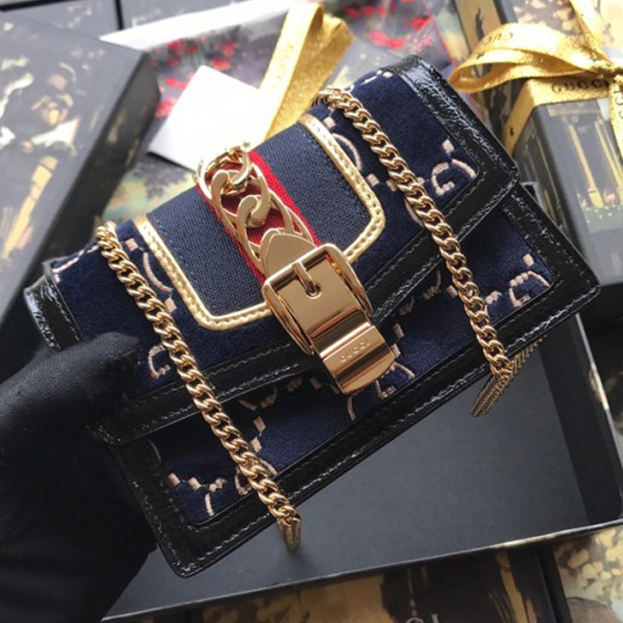 Gucci Sylvie Velvet Mini Chain Bag 494646 Blue 2018