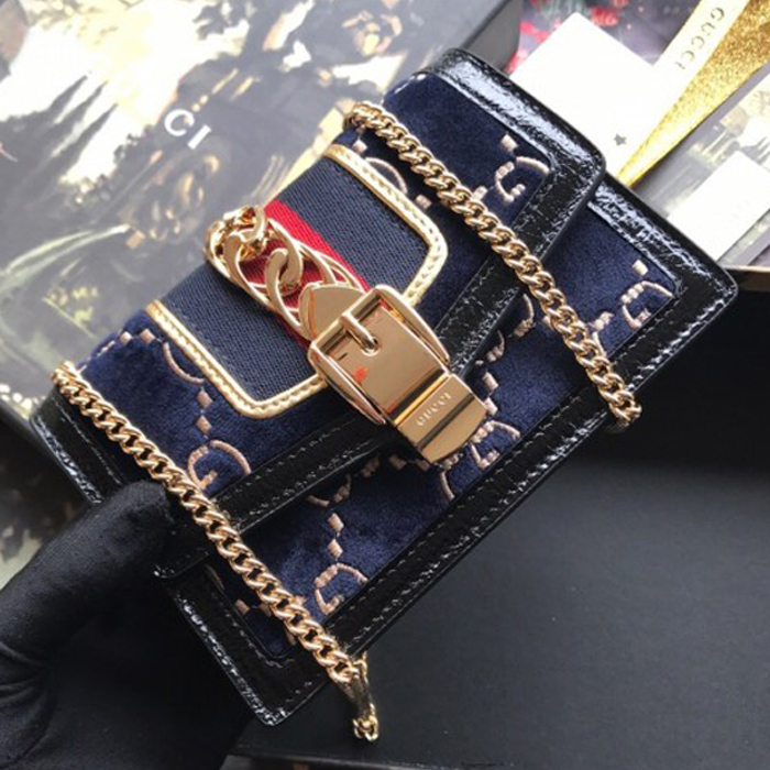 Gucci Sylvie Velvet Mini Chain Bag 494646 Blue 2018
