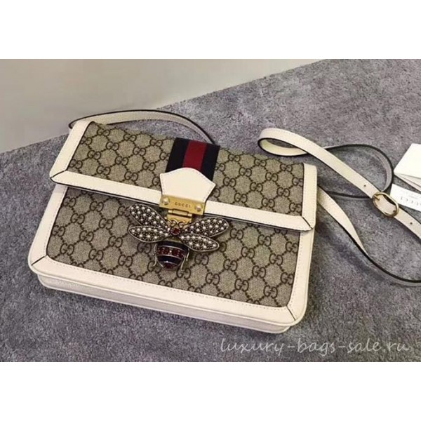 Gucci Queen Margaret Metal Bee Web GG Supreme Medium Shoulder Bag 524356 white 2018