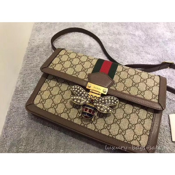 Gucci Queen Margaret Metal Bee Web GG Supreme Medium Shoulder Bag 524356 coffee 2018