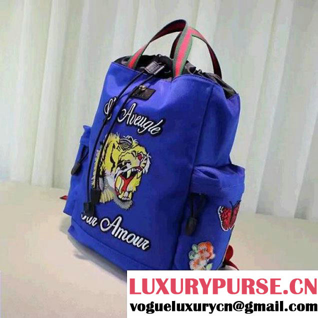 Gucci Techno Canvas Drawstring Backpack With Tiger Embroidered 450979 Blue 2016 (XYS-6120109 )