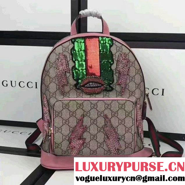 Gucci Exclusive GG Supreme Backpack With Lightling Embroidered Sequin Pink (XYS-7052416 )