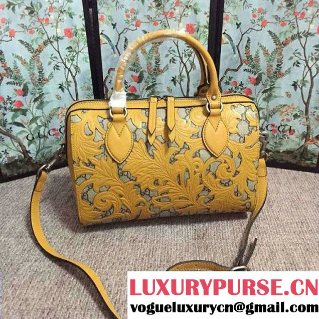 Gucci Arabesque GG Supreme and Leather Top Handle Small Boston Bag 409529 Yellow 2016 (2A010-6080301 )