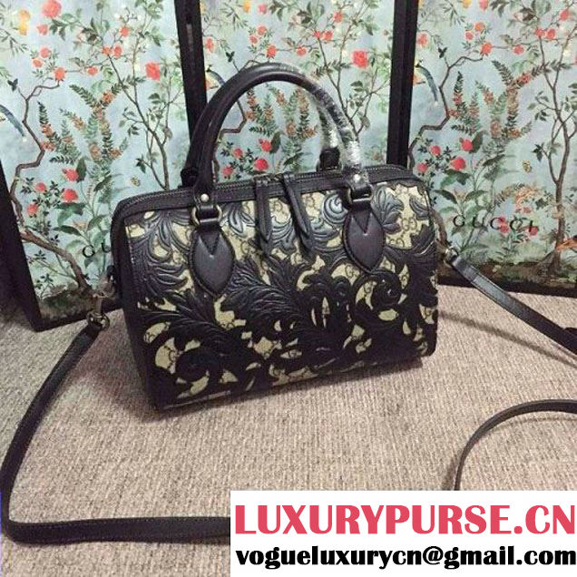 Gucci Arabesque GG Supreme and Leather Top Handle Small Boston Bag 409529 Black 2016 (2A010-6080302 )