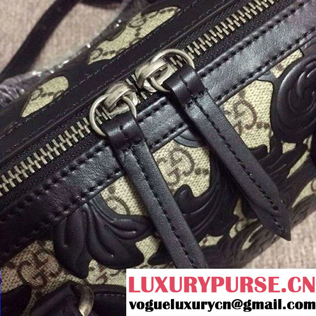 Gucci Arabesque GG Supreme and Leather Top Handle Small Boston Bag 409529 Black 2016 (2A010-6080302 )