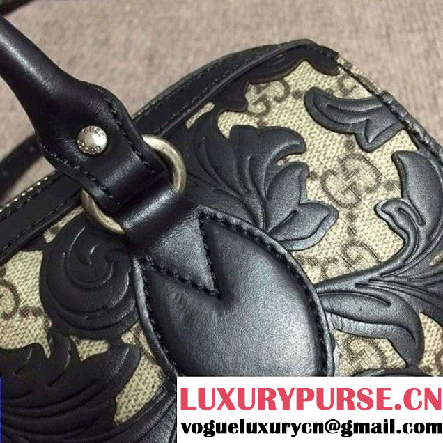 Gucci Arabesque GG Supreme and Leather Top Handle Small Boston Bag 409529 Black 2016 (2A010-6080302 )