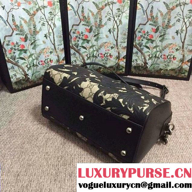 Gucci Arabesque GG Supreme and Leather Top Handle Small Boston Bag 409529 Black 2016 (2A010-6080302 )