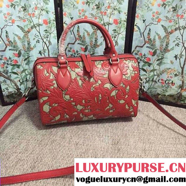 Gucci Arabesque GG Supreme and Leather Top Handle Small Boston Bag 409529 Red 2016 (2A010-6080303 )