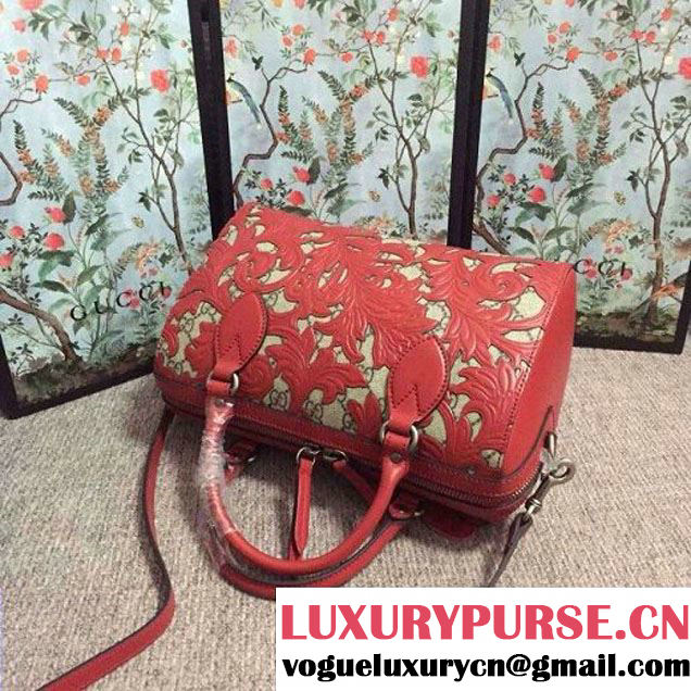 Gucci Arabesque GG Supreme and Leather Top Handle Small Boston Bag 409529 Red 2016 (2A010-6080303 )