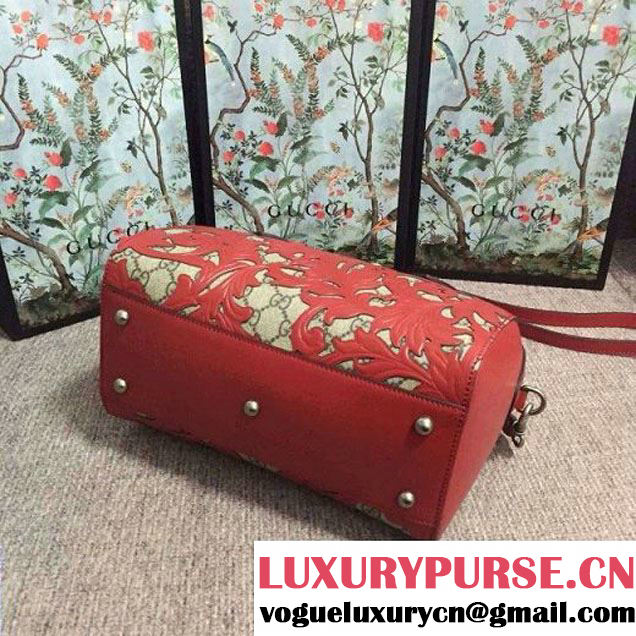 Gucci Arabesque GG Supreme and Leather Top Handle Small Boston Bag 409529 Red 2016 (2A010-6080303 )