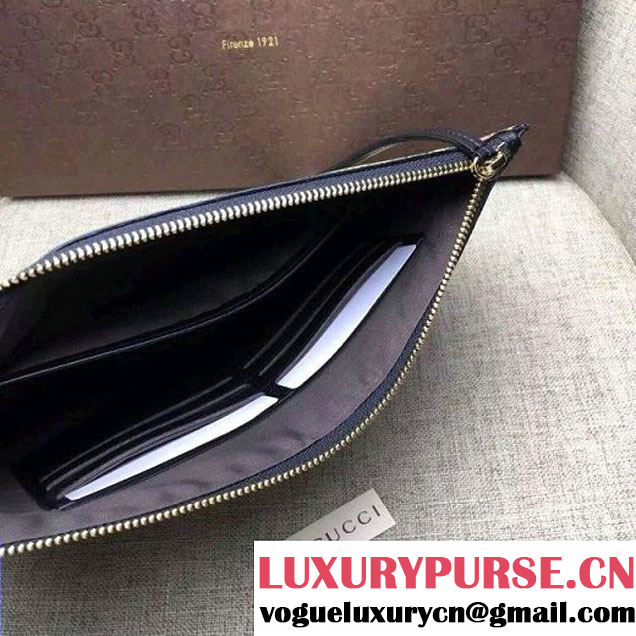 Gucci 424900 Print Calfskin Zip Pouch Large Cltuch Bag Black 2016 (DC-6050739 )