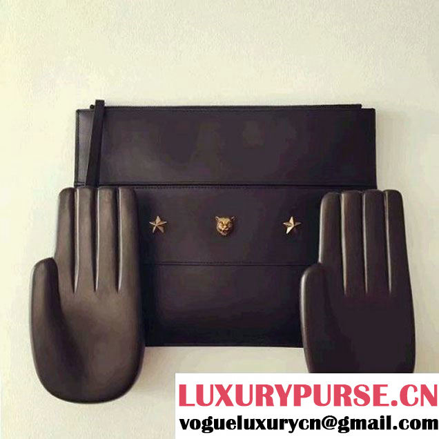 Gucci Studded Leather Large Zipped Pouch Clutch Bag 427003 Black 2016 (SPM-6080322 )
