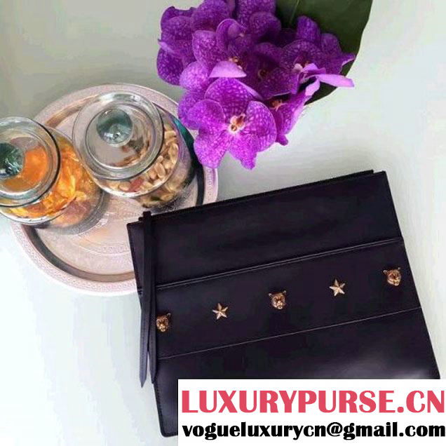 Gucci Studded Leather Large Zipped Pouch Clutch Bag 427003 Black 2016 (SPM-6080322 )