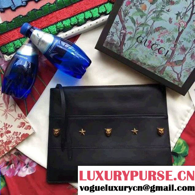 Gucci Studded Leather Large Zipped Pouch Clutch Bag 427003 Black 2016 (SPM-6080322 )