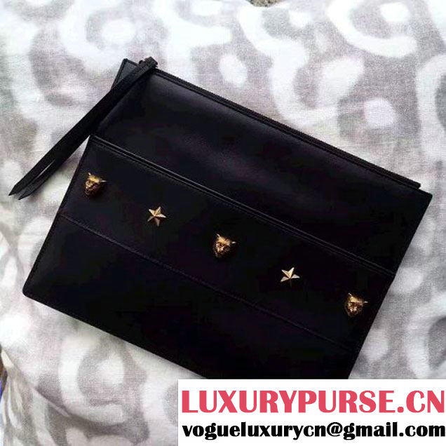 Gucci Studded Leather Large Zipped Pouch Clutch Bag 427003 Black 2016 (SPM-6080322 )