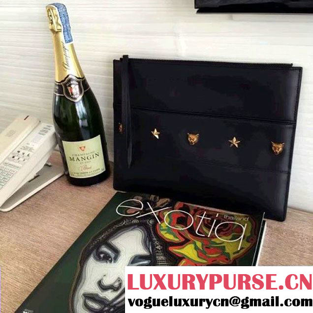 Gucci Studded Leather Large Zipped Pouch Clutch Bag 427003 Black 2016 (SPM-6080322 )