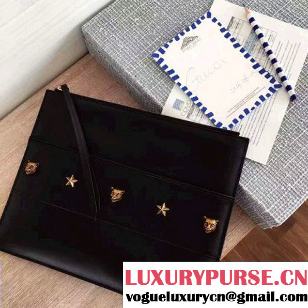 Gucci Studded Leather Large Zipped Pouch Clutch Bag 427003 Black 2016 (SPM-6080322 )