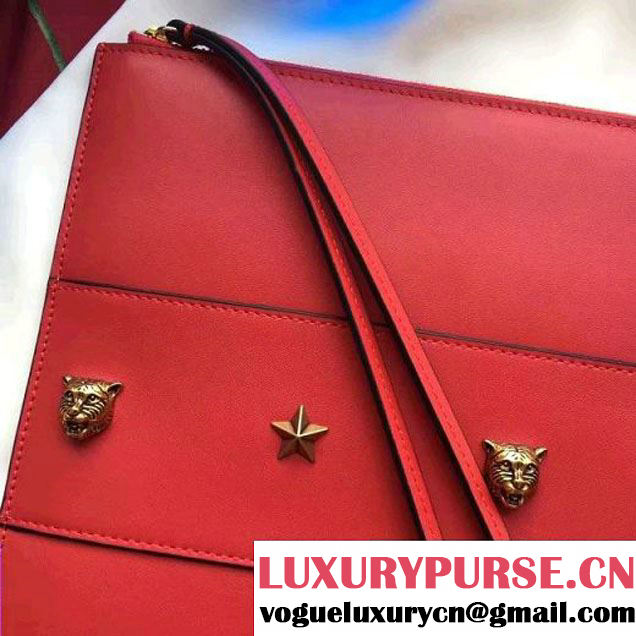 Gucci Studded Leather Large Zipped Pouch Clutch Bag 427003 Red 2016 (SPM-6080324 )