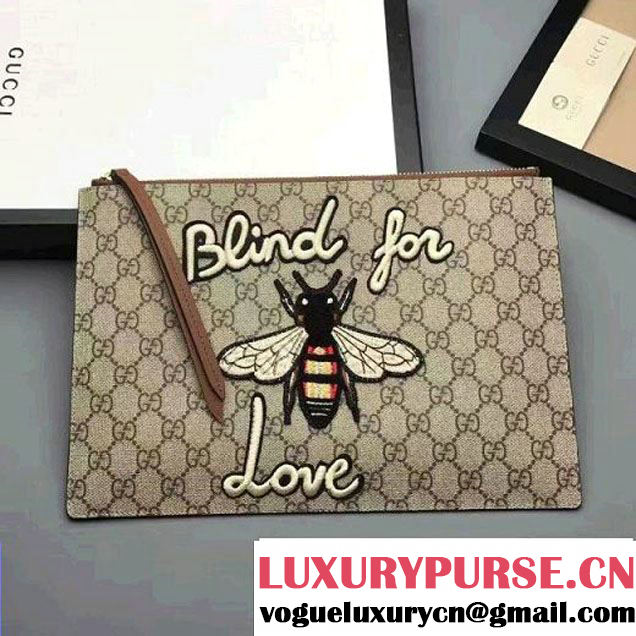 Gucci Embroidered Bee and Blind For Love Large Zipped Pouch Clutch Bag 431416 GG Supreme Brown 2017 (XYS-7030201 )