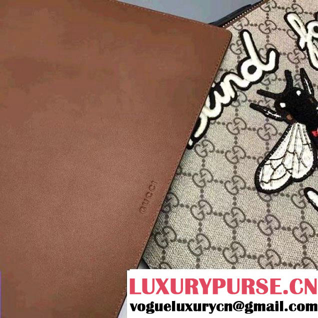 Gucci Embroidered Bee and Blind For Love Large Zipped Pouch Clutch Bag 431416 GG Supreme Brown 2017 (XYS-7030201 )