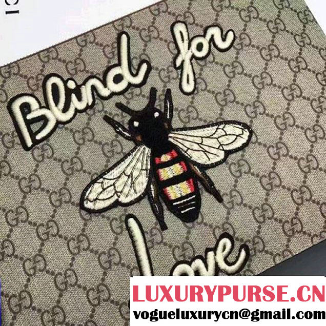 Gucci Embroidered Bee and Blind For Love Large Zipped Pouch Clutch Bag 431416 GG Supreme Brown 2017 (XYS-7030201 )