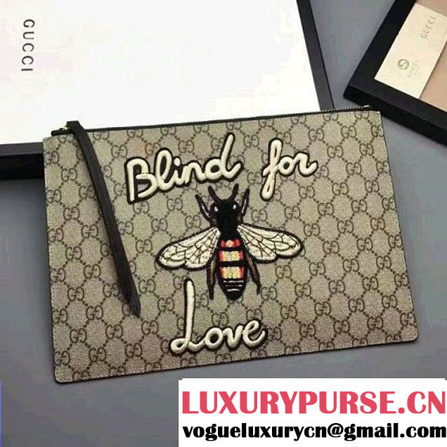 Gucci Embroidered Bee and Blind For Love Large Zipped Pouch Clutch Bag 431416 GG Supreme Black 2017 (XYS-7030202 )