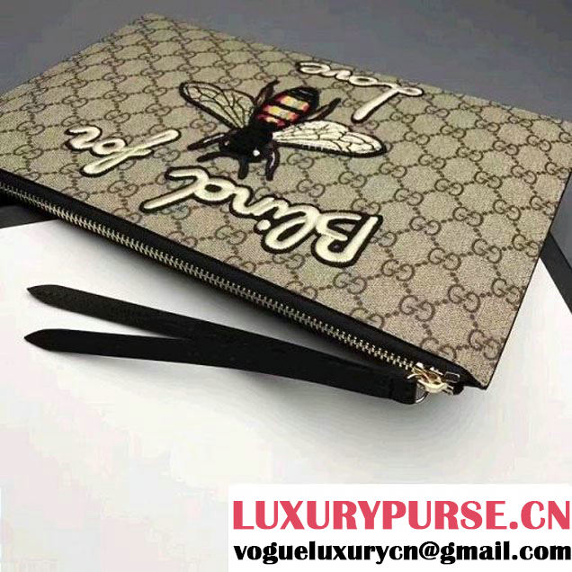 Gucci Embroidered Bee and Blind For Love Large Zipped Pouch Clutch Bag 431416 GG Supreme Black 2017 (XYS-7030202 )