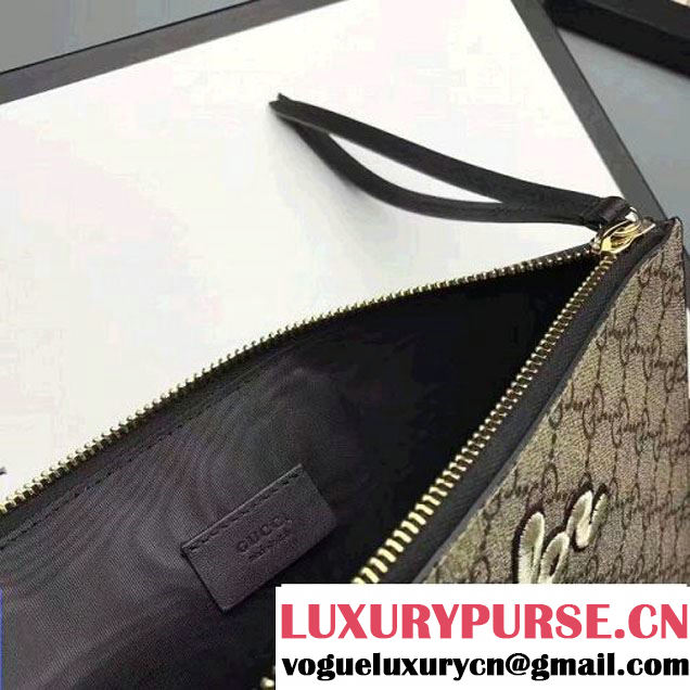 Gucci Embroidered Bee and Blind For Love Large Zipped Pouch Clutch Bag 431416 GG Supreme Black 2017 (XYS-7030202 )