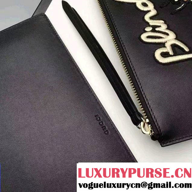 Gucci Embroidered Bee and Blind For Love Large Zipped Pouch Clutch Bag 431416 Leather Black 2017 (XYS-7030204 )