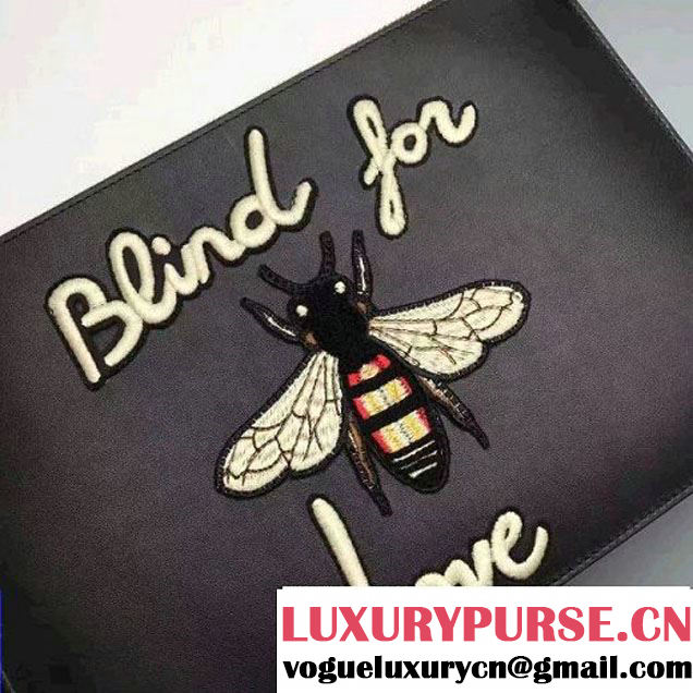 Gucci Embroidered Bee and Blind For Love Large Zipped Pouch Clutch Bag 431416 Leather Black 2017 (XYS-7030204 )