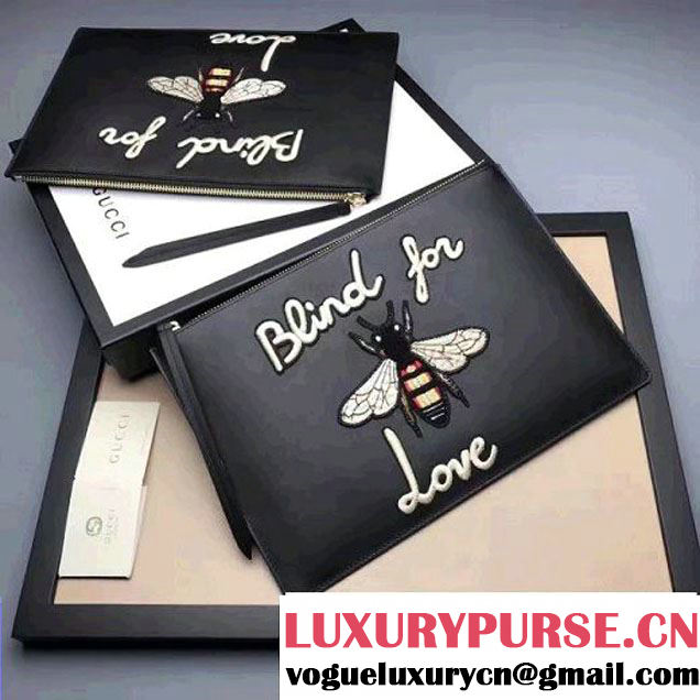 Gucci Embroidered Bee and Blind For Love Large Zipped Pouch Clutch Bag 431416 Leather Black 2017 (XYS-7030204 )
