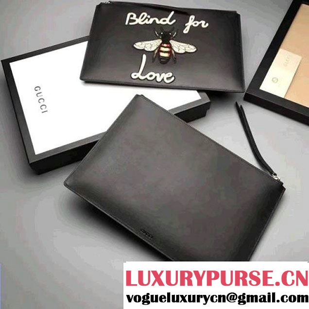 Gucci Embroidered Bee and Blind For Love Large Zipped Pouch Clutch Bag 431416 Leather Black 2017 (XYS-7030204 )
