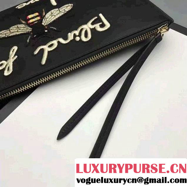 Gucci Embroidered Bee and Blind For Love Large Zipped Pouch Clutch Bag 431416 Leather Black 2017 (XYS-7030204 )
