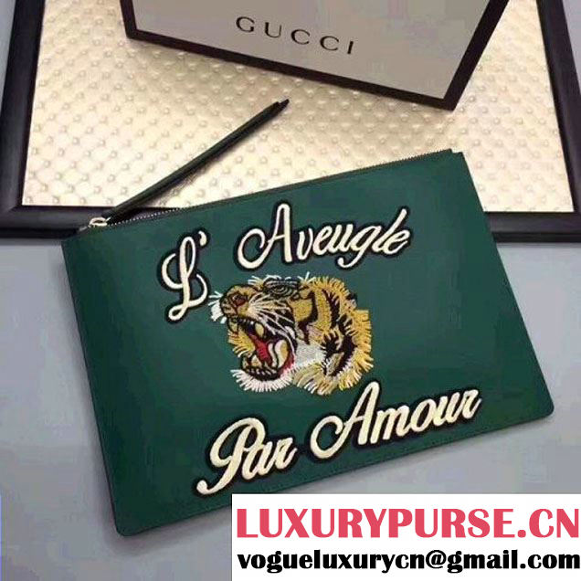 Gucci Leather Embroidered Tiger Large Zipped Pouch Clutch Bag 431416 Green 2017 (XYS-7050919 )