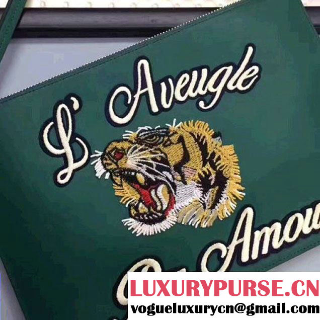 Gucci Leather Embroidered Tiger Large Zipped Pouch Clutch Bag 431416 Green 2017 (XYS-7050919 )