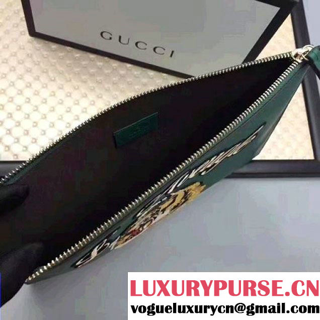 Gucci Leather Embroidered Tiger Large Zipped Pouch Clutch Bag 431416 Green 2017 (XYS-7050919 )
