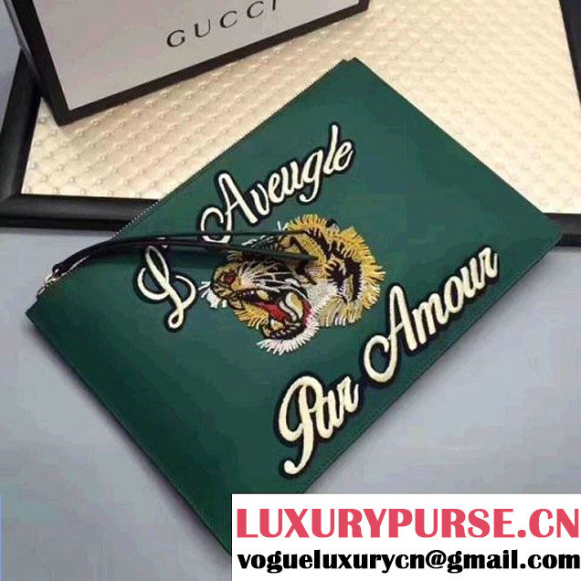 Gucci Leather Embroidered Tiger Large Zipped Pouch Clutch Bag 431416 Green 2017 (XYS-7050919 )