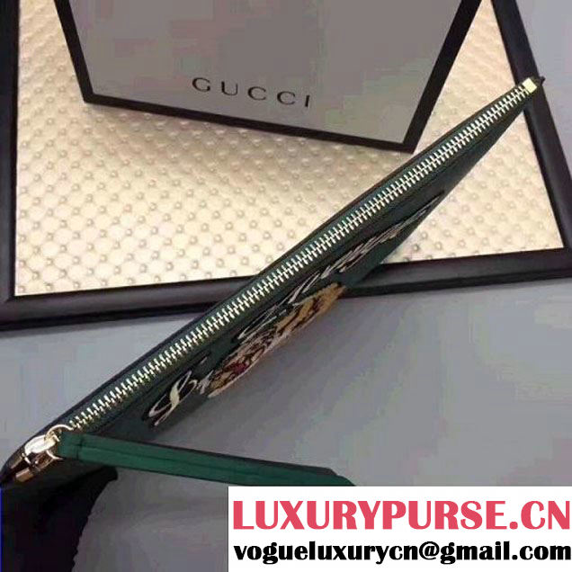Gucci Leather Embroidered Tiger Large Zipped Pouch Clutch Bag 431416 Green 2017 (XYS-7050919 )