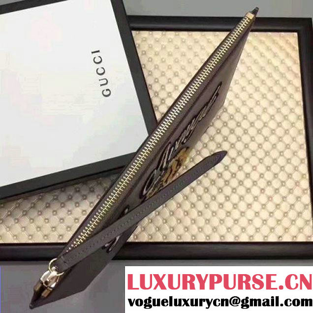Gucci Leather Embroidered Tiger Large Zipped Pouch Clutch Bag 431416 Grey 2017 (XYS-7050920 )