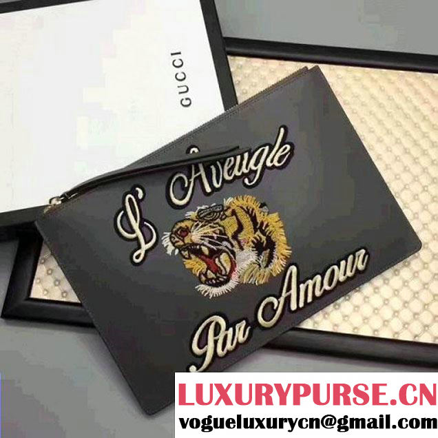 Gucci Leather Embroidered Tiger Large Zipped Pouch Clutch Bag 431416 Grey 2017 (XYS-7050920 )