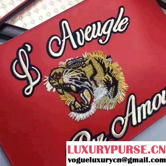 Gucci Leather Embroidered Tiger Large Zipped Pouch Clutch Bag 431416 Red 2017 (XYS-7050921 )