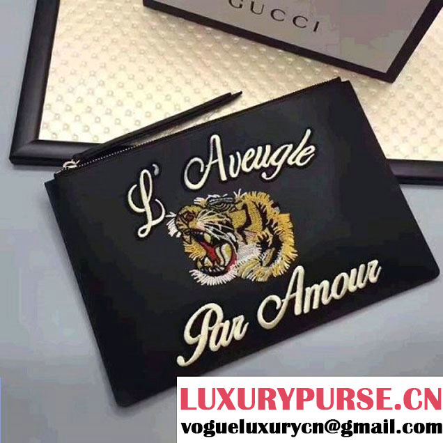 Gucci Leather Embroidered Tiger Large Zipped Pouch Clutch Bag 431416 Black 2017 (XYS-7050922 )