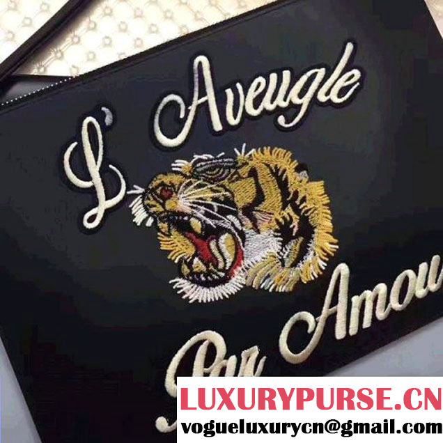 Gucci Leather Embroidered Tiger Large Zipped Pouch Clutch Bag 431416 Black 2017 (XYS-7050922 )