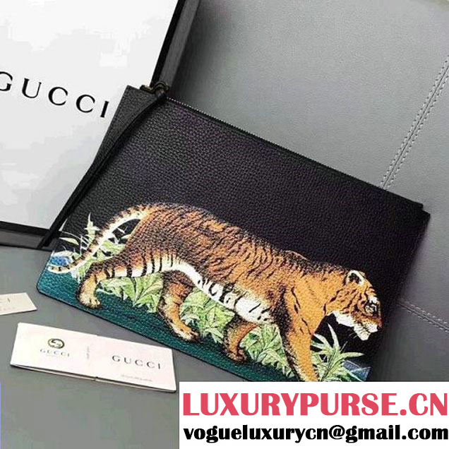 Gucci Tiger Print Leather Pouch 454309 Black 2017 (WY-7060317 )