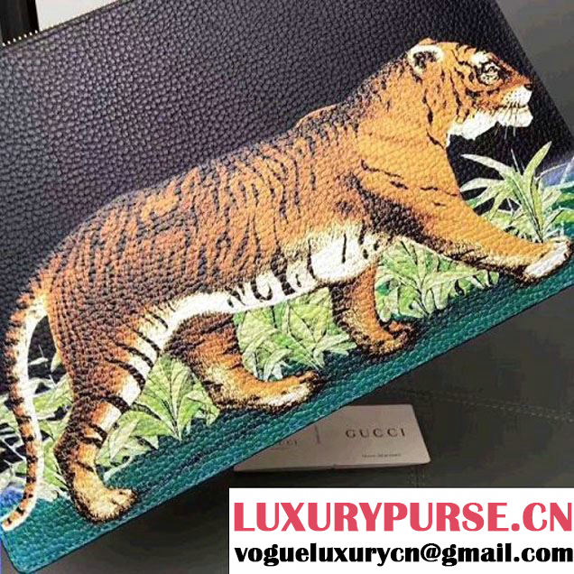 Gucci Tiger Print Leather Pouch 454309 Black 2017 (WY-7060317 )