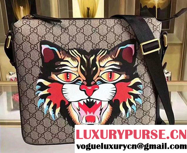 Gucci Angry Cat Print GG Supreme Flat Messenger 473886 2017